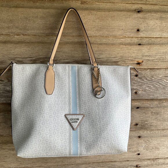 Guess Satchel Bag in Cream and Light Blue - Picture 1 of 14